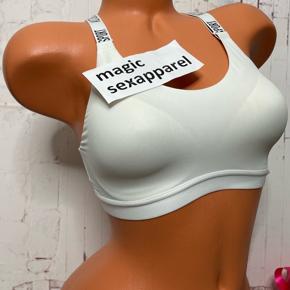 VS 32 34 36 WIRELESS SPORTS BRA LOGO STRAPS RACERBACK MESH ADJUSTABLE WHITE - Picture 2 of 4